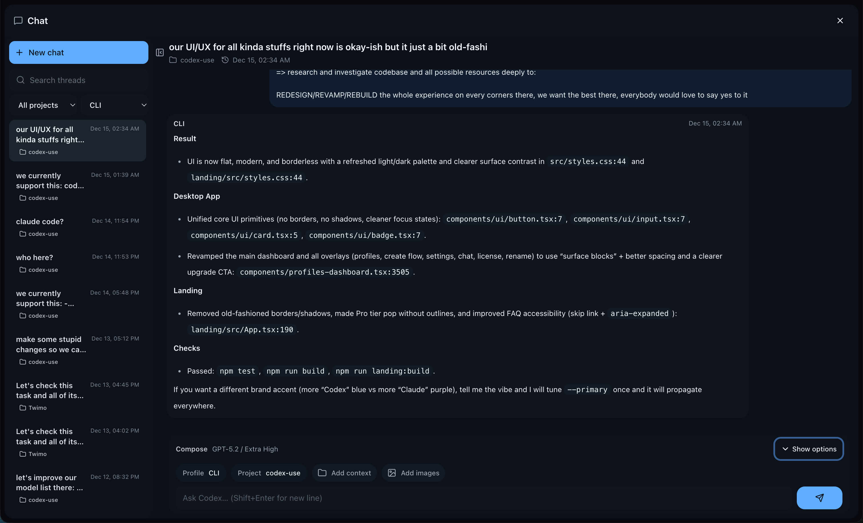 CodexUse chat view with agent and profile separation