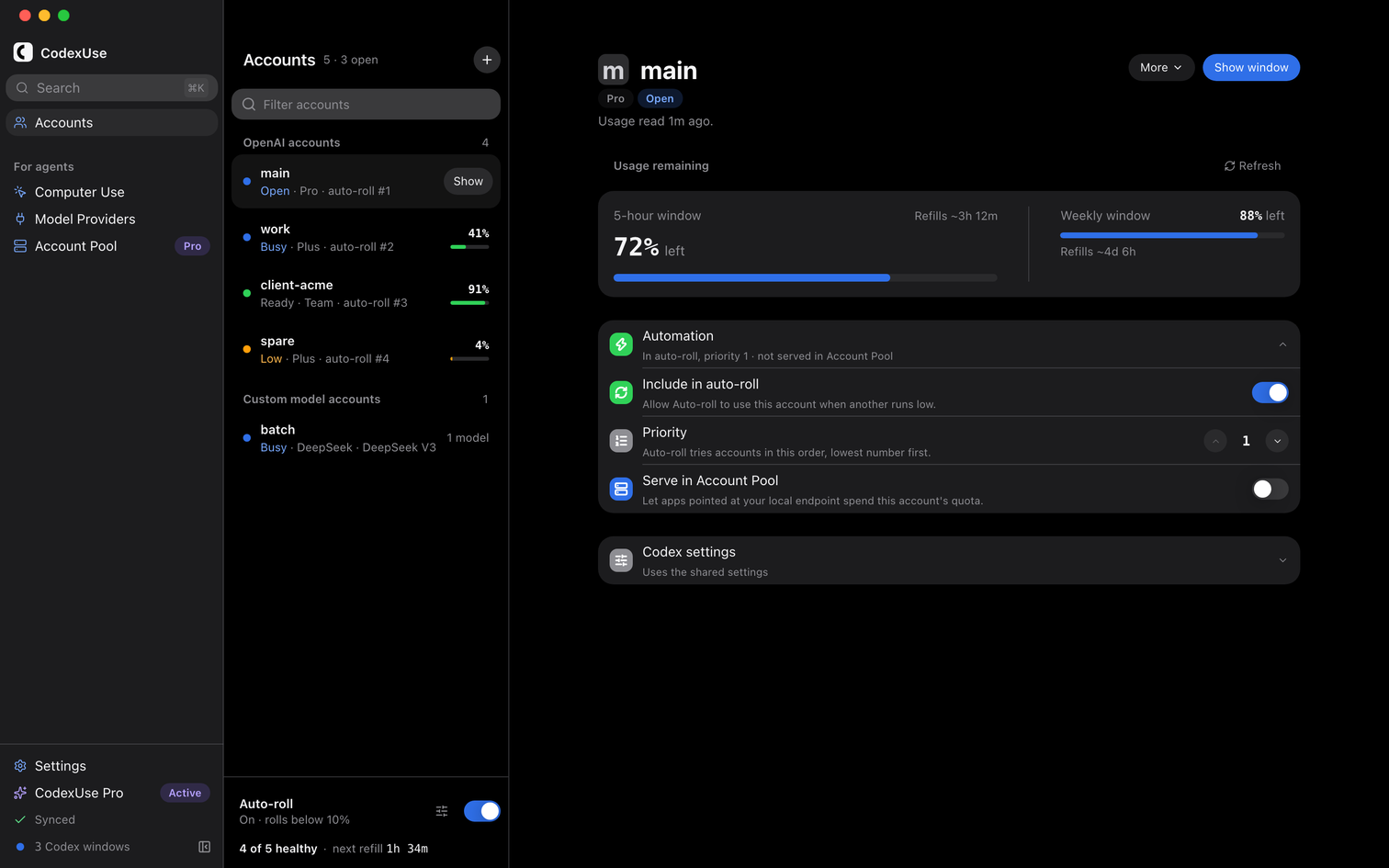 CodexUse Accounts screen: OpenAI and custom-model accounts, each with a status word, headroom, and an Open or Show button.