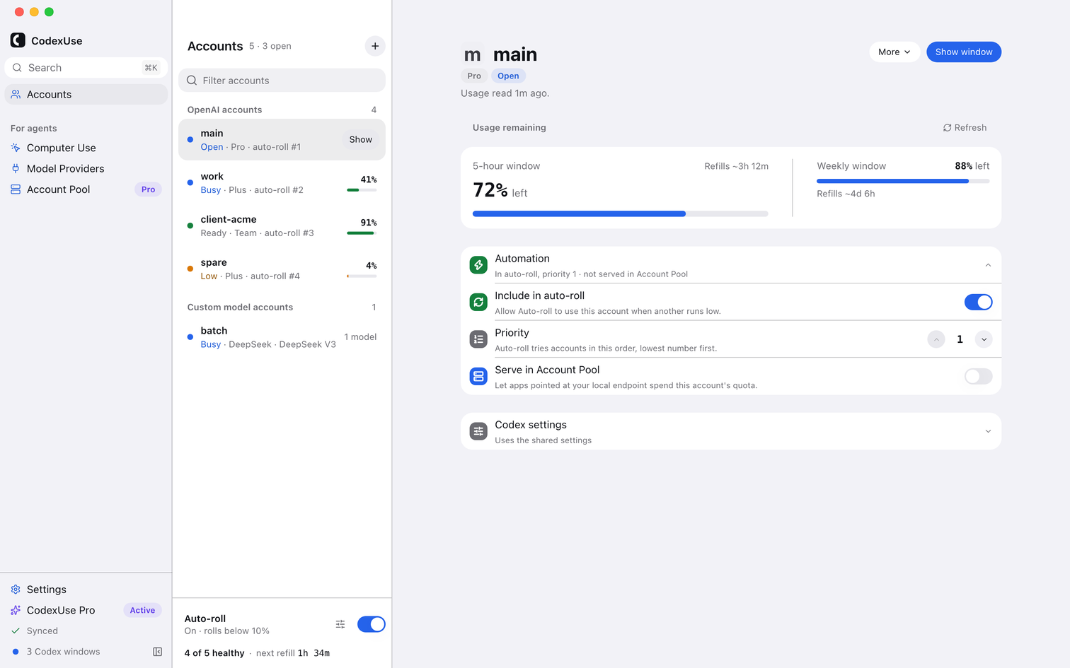 CodexUse Accounts screen: OpenAI and custom-model accounts, each with a status word, headroom, and an Open or Show button.