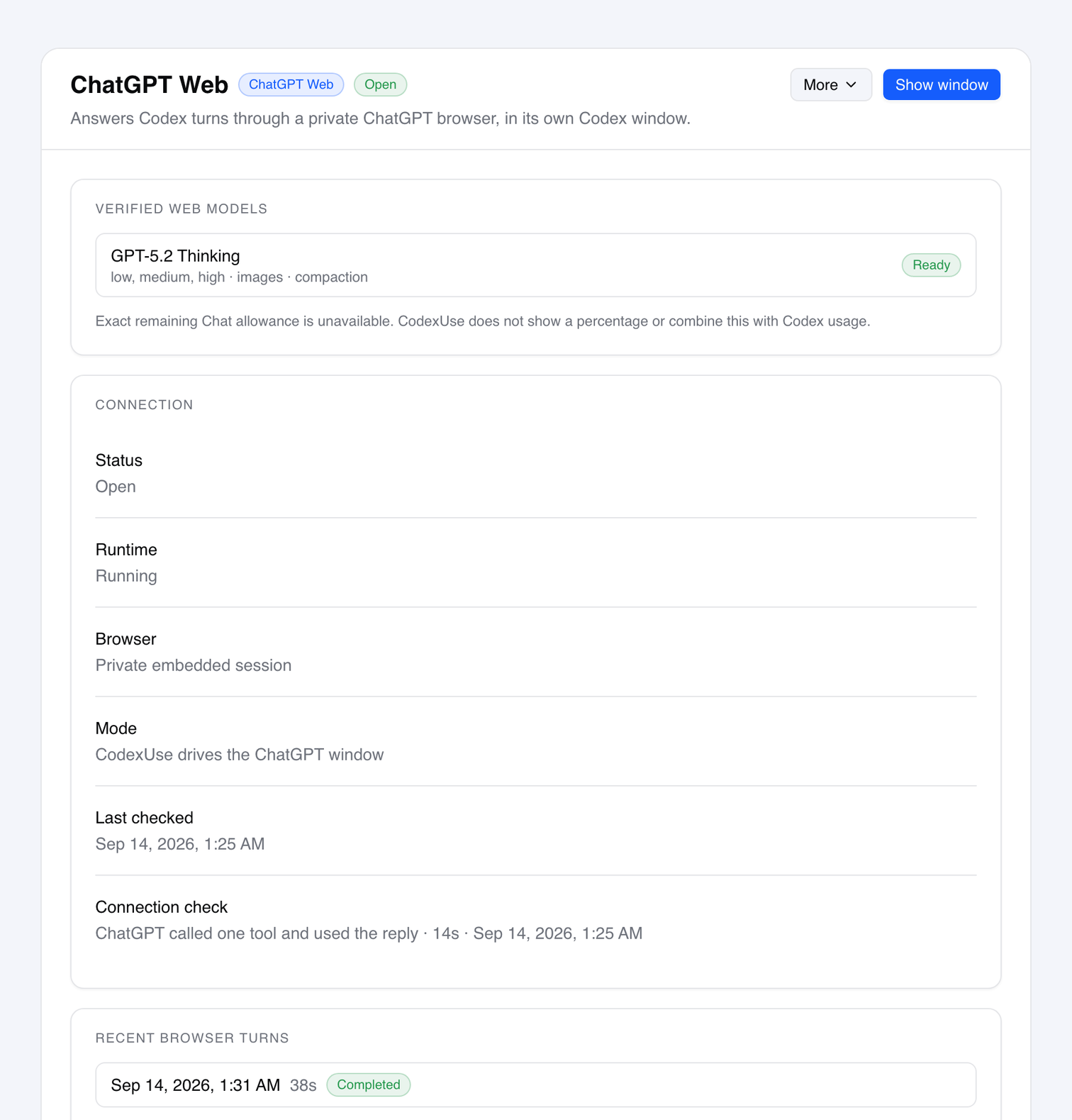 CodexUse ChatGPT Web account screen: a verified Web model, a connection to the user's Google Chrome session, a connection check reporting that ChatGPT called a CodexUse tool, and recent browser turns.