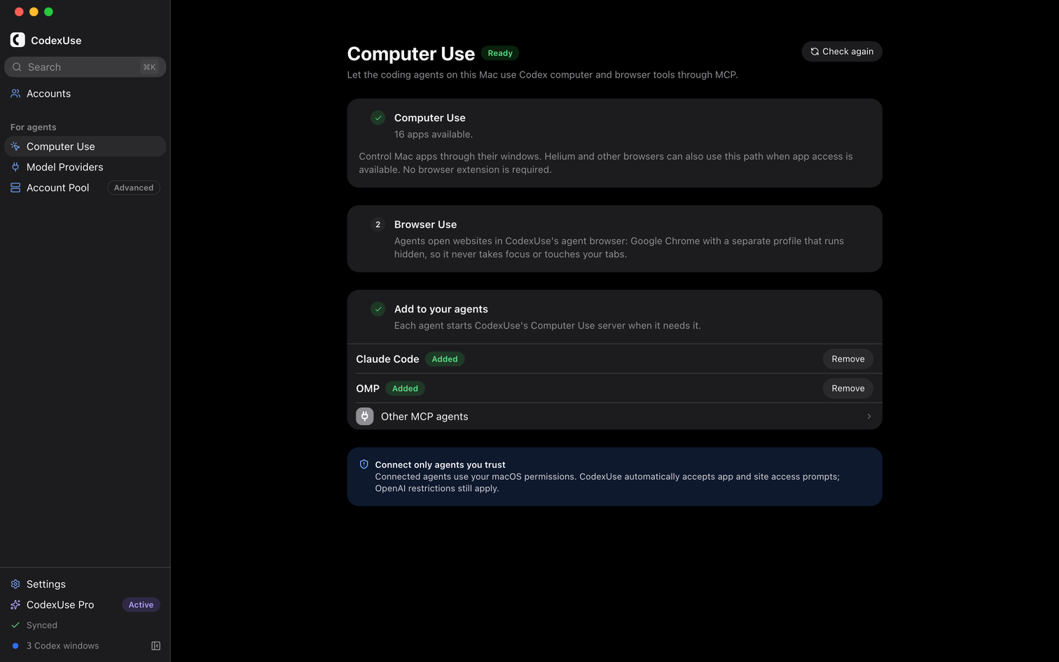 CodexUse Computer Use: the runtime is ready, Chrome is available as a browser, and Claude Code and OMP have the server added.