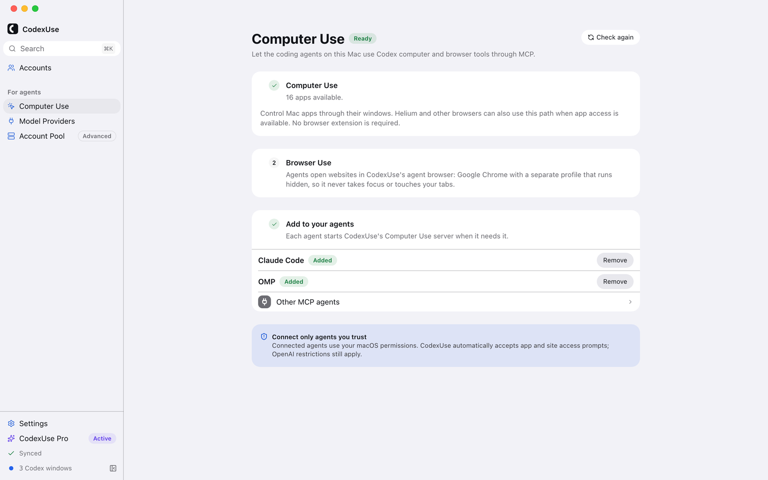 CodexUse Computer Use: the runtime is ready, Chrome is available as a browser, and Claude Code and OMP have the server added.