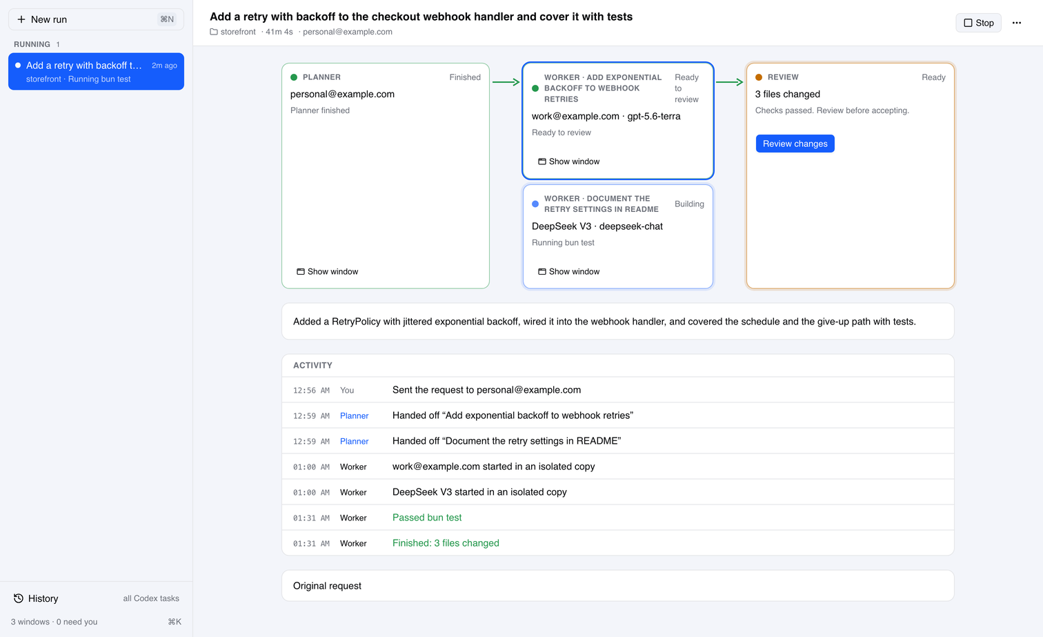 CodexUse Work screen: a run with a planner window and a worker building in a separate Git worktree, ready to review.