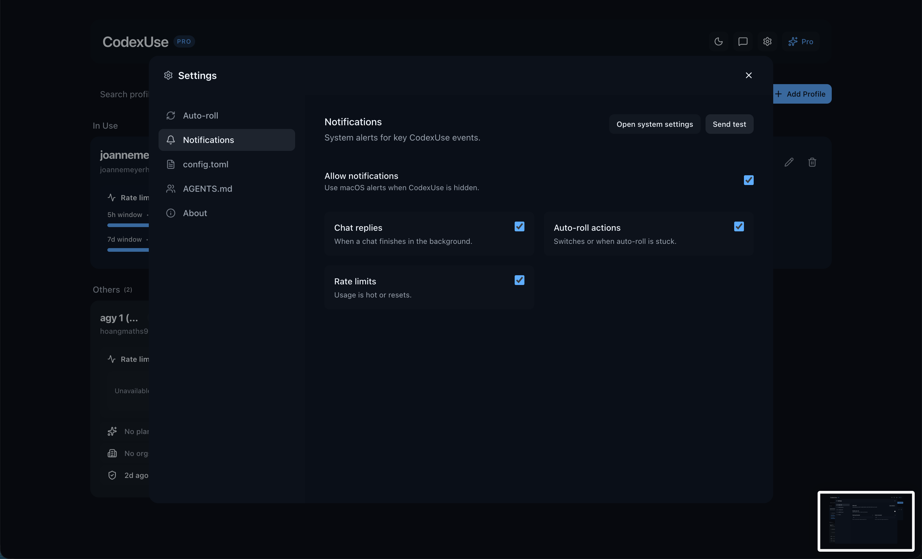 Notifications settings in CodexUse